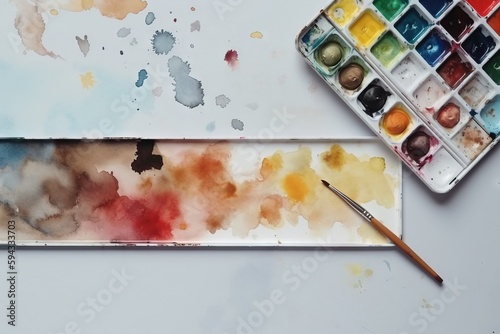  a palette of watercolors and a paintbrush on a white table with a watercolor palette and watercolors in it on the table. generative ai