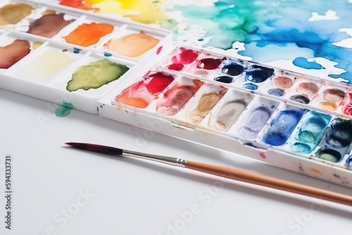  a watercolor palette with a brush and watercolors in it on a white surface with a white background and a white background with a white border. generative ai