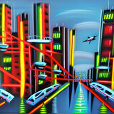Acryllic painting of a futuristic city