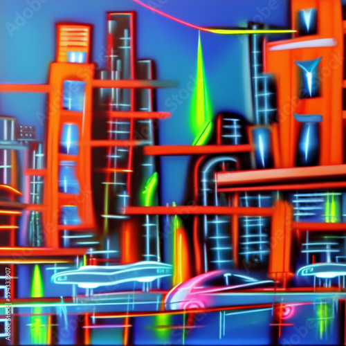 Acryllic painting of a futuristic city