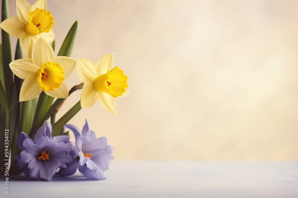 a vase filled with yellow and purple flowers on top of a table next to a vase filled with purple and yellow daffodils. generative ai a vase filled with yellow and purple flowers on top of a table next to a vase filled with purple and yellow daffodils. generative ai