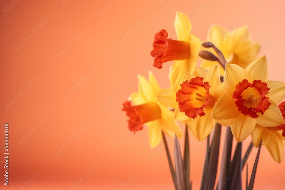  a bunch of yellow and red flowers in a glass vase on a pink background with a pink wall in the backround of the picture.  generative ai
