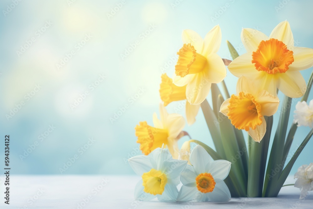  a bunch of yellow and white daffodils in a vase on a table with a blue and white background and a light blue sky in the background.  generative ai