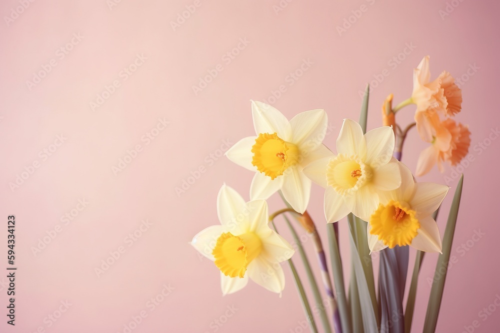  a vase filled with yellow and white flowers on top of a pink tablecloth covered tablecloth and a pink wall in the back ground.  generative ai
