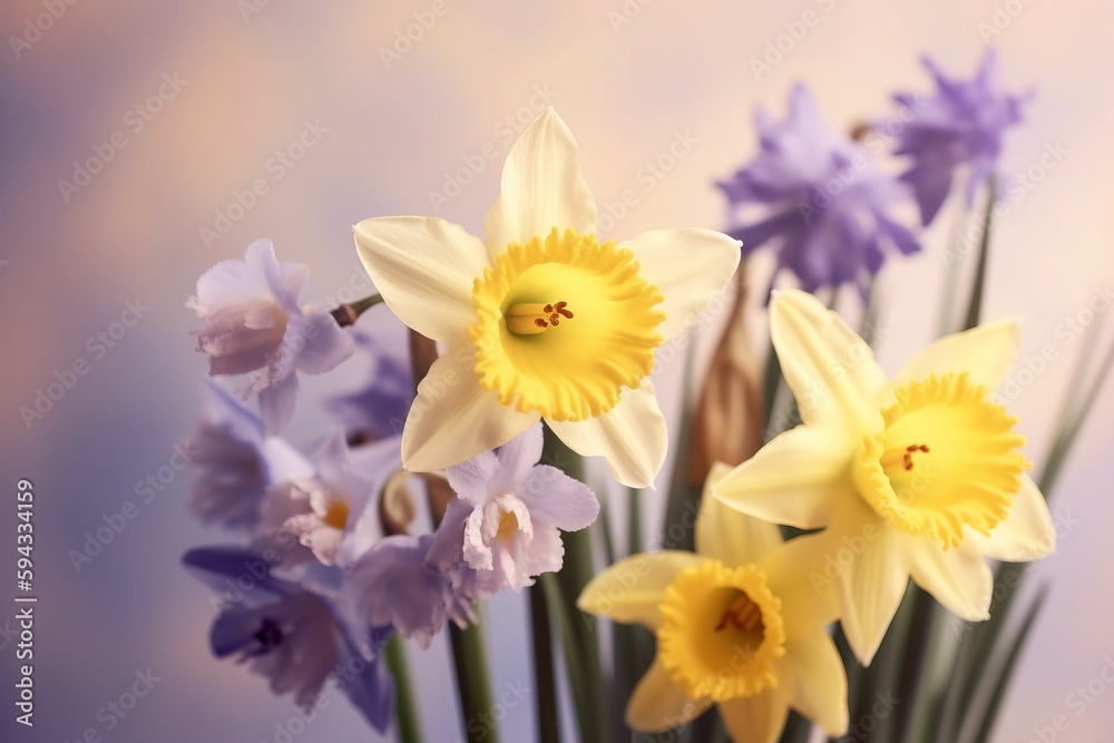 a vase filled with yellow and purple flowers on top of a wooden table next to a blue and white wall and a blue and white wall. generative ai a vase filled with yellow and purple flowers on top of a wooden table next to a blue and white wall and a blue and white wall. generative ai