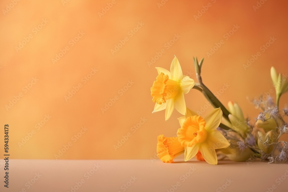  a bunch of flowers that are sitting on a counter top with a blurry background behind them and a light orange wall behind them, with a few yellow flowers in the foreground.  generative ai