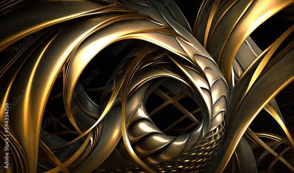  a computer generated image of a gold and black swirl design on a black background with a gold and silver swirl design on the bottom right corner of the image.  generative ai