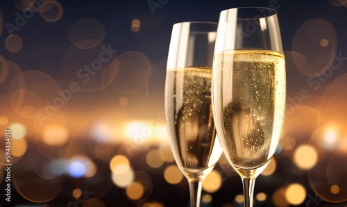  two glasses of champagne sitting next to each other on top of a table with blurry lights in the background of the photo and a city. generative ai
