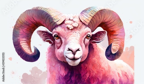  a painting of a ram with long horns and a flower in its hair, with a pink background and a white background, with a pink spot in the center.  generative ai © Shanti