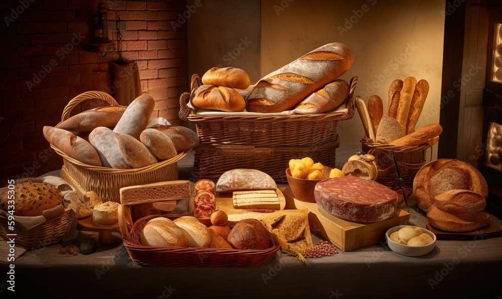  a painting of bread and other foods on a table with a brick wall in the background and a basket of bread in the foreground.  generative ai