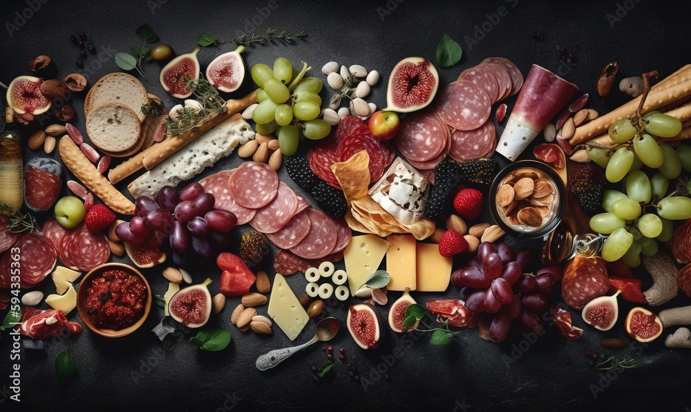 a bunch of food that is laying out on a black table top with a knife and some grapes and other food on the side of the table. generative ai a bunch of food that is laying out on a black table top with a knife and some grapes and other food on the side of the table. generative ai