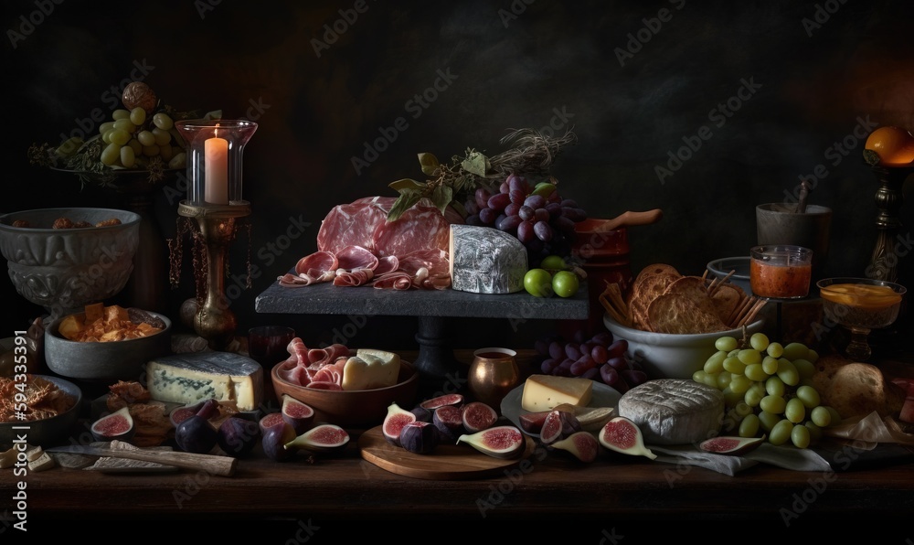  a table topped with lots of different types of food and a candle on top of a table covered in cheeses and meats and other foods.  generative ai