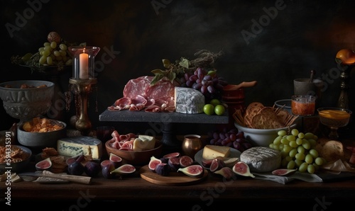  a table topped with lots of different types of food and a candle on top of a table covered in cheeses and meats and other foods.  generative ai