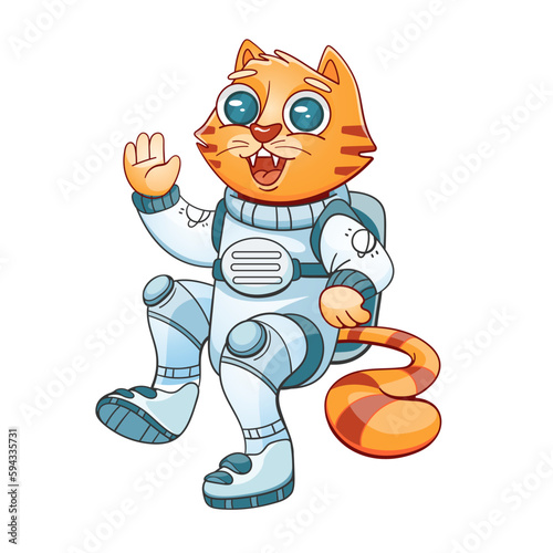 Vector illustration of cat astronaut character in cartoon comic style.