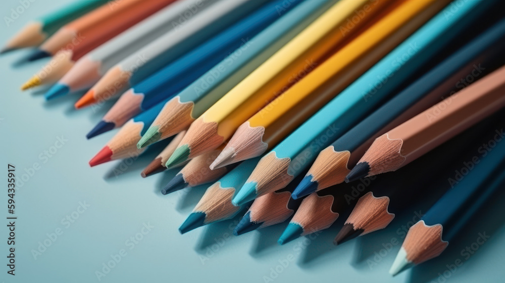 vue macro de crayons de couleur sur fond bleu clair