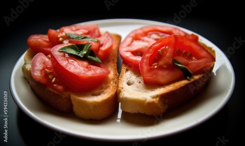 a white plate topped with two slices of bread covered in tomatoes and basil leaves on top of it, with a fork in the middle of the plate. generative ai