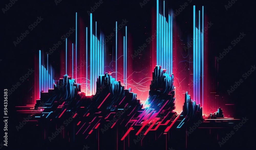  a futuristic cityscape with neon lines and a dark background with a red and blue light coming from the top of the buildings and the buildings.  generative ai