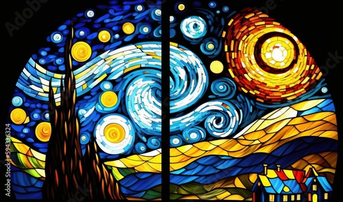  a stained glass window with a painting of a night sky and stars in the sky and a house in the foreground with a full moon in the background. generative ai
