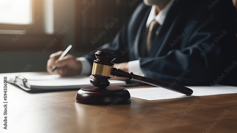 Judge filling out paperwork in the courtroom. Based on Generative AI Judge filling out paperwork in the courtroom. Based on Generative AI