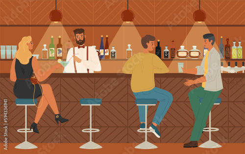 People sitting at bar counter drink alcohol cocktail. Vector illustration. Bartender serving customers in a bar. Pub interior with stools, shelf and bottles