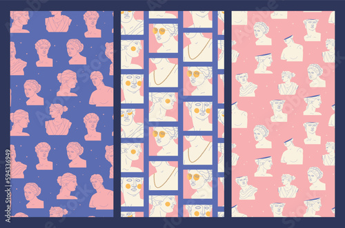 Seamless patterns with antique sculptures. Repeating decorative Greek statues. Vector