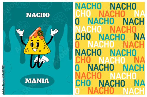 Groovy nacho character. Mexican food. Trippy illustration in 70s style. Traditional snack. Vintage seamless pattern for cafe, foodtrack or restaurant