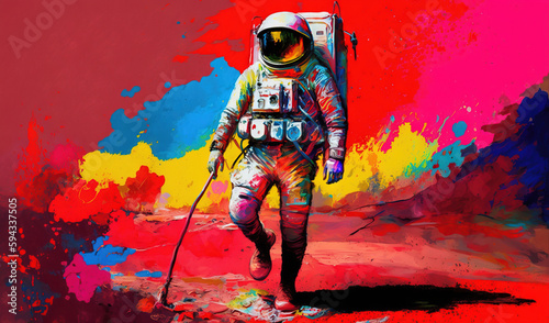  a painting of an astronaut walking on a red, yellow, and blue background with a pink, yellow, red, and blue background. generative ai
