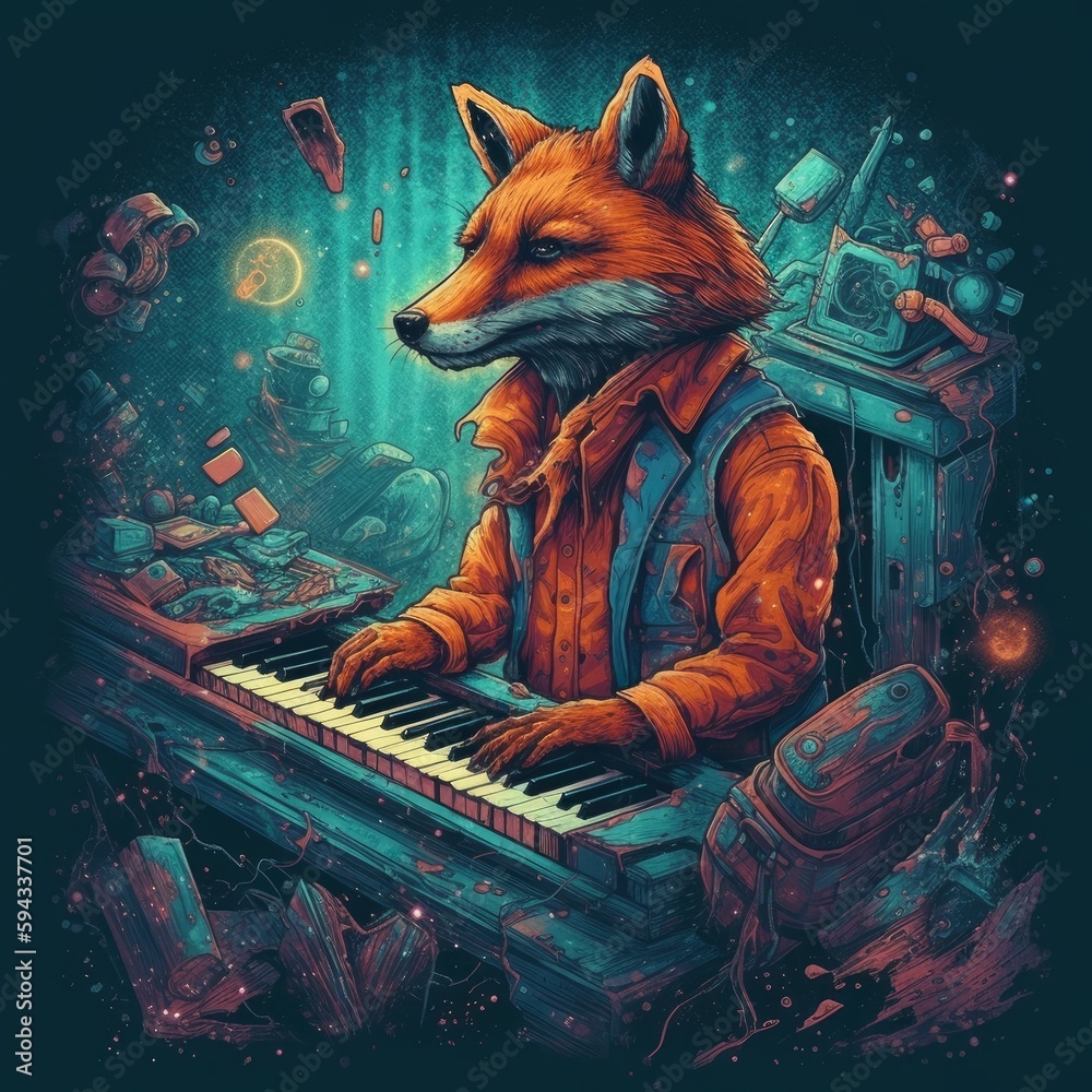 A fox playing piano colorful vinatge effcet generative AI Stock  Illustration | Adobe Stock