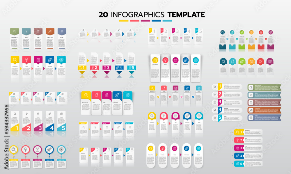 Business infographic template set process with simple geometry square, rectangle, circle, triangle, curves in flat design template with thin line icons and 5 options or steps. Vector illustration. Business infographic template set process with simple geometry square, rectangle, circle, triangle, curves in flat design template with thin line icons and 5 options or steps. Vector illustration.