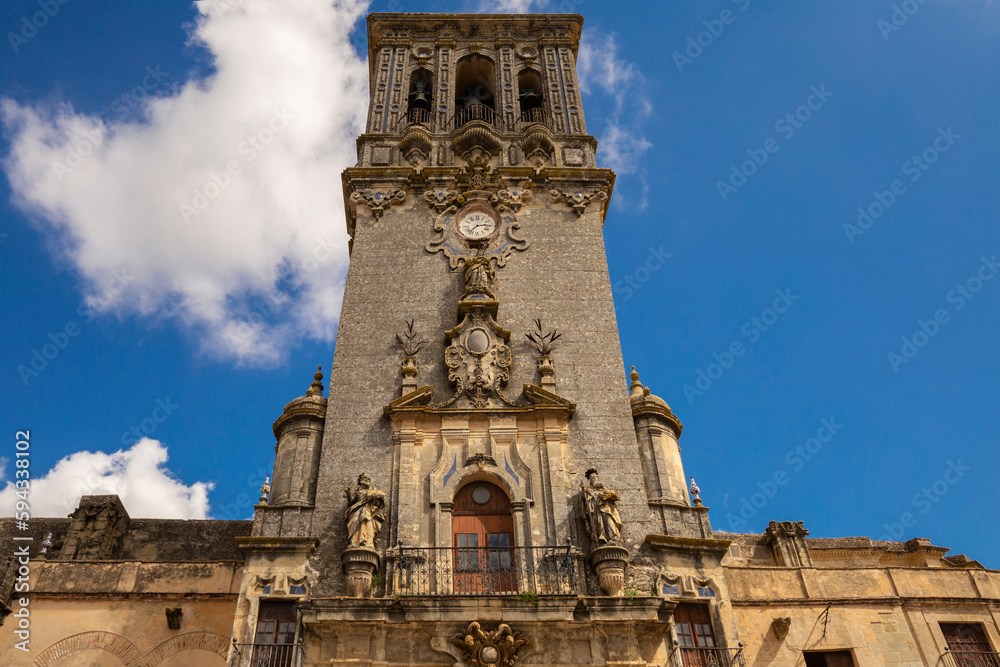 Bell Tower of the Basilica de Santa Maria in the Plaza del Cabildo, Arcos de la Frontera, Andalucia, Spain.