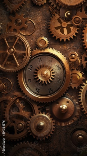 A background of gold steampunk gears and cogs. Generative AI. 