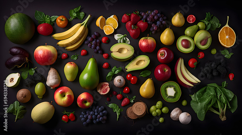 Fruits and vegetables background. Illustration. Ai generation.