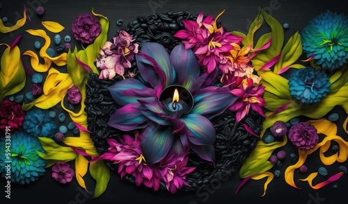  a painting of flowers and leaves on a black background with a candle in the center of the picture and a black background with a black circle. generative ai
