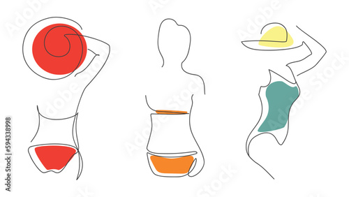 Continuous single line templates with a female body in a swimsuit in a modern simple style. vector illustration.