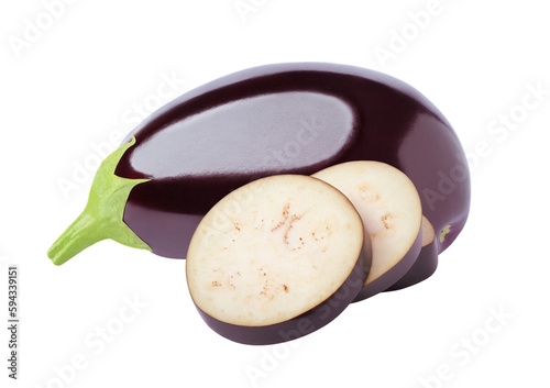 Isolated eggplant. Group of cut eggplants over white background, with clipping path