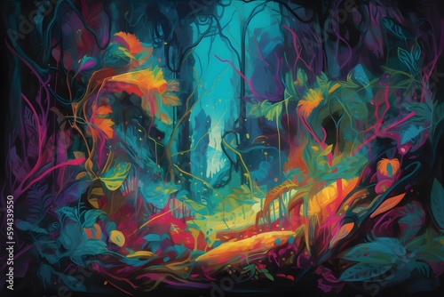 A captivating image of a neon jungle  where familiar elements of nature are reimagined through the lens of abstract  neon light  Generative AI 
