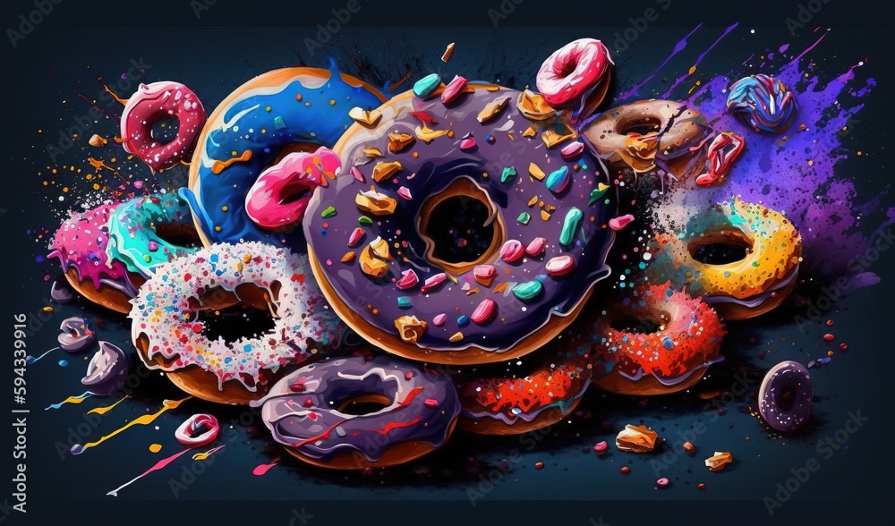  a pile of donuts with sprinkles and colored sprinkles on a black background with a blue background and a black background.  generative ai