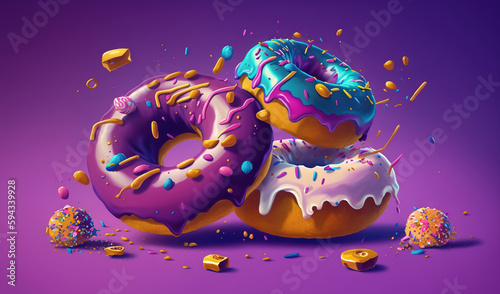  a couple of doughnuts that are on a purple surface with sprinkles and confetti on the ground around them.  generative ai