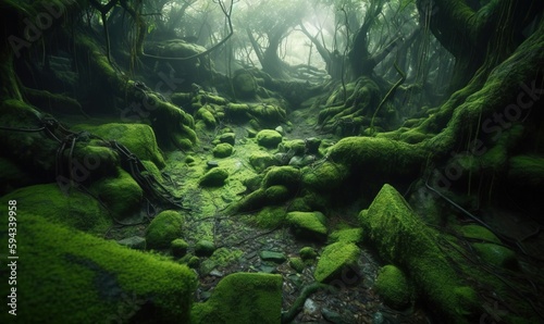  a mossy path in the middle of a forest filled with trees and rocks covered in green mossy rocks and mossy mossy rocks. generative ai