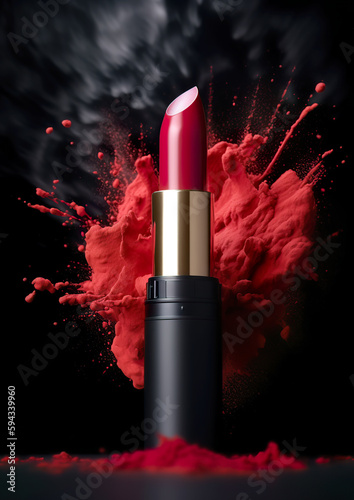 Passionate red lipstick in the red powder explosion. The effect of intense color and dynamic movement in the visual representation. AI generated illustration.