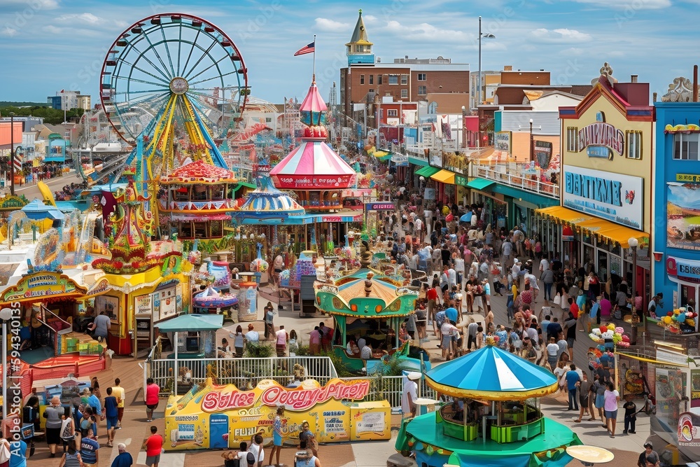 An exciting image of a bustling seaside boardwalk amusement park, where the nostalgic charm of vintage attractions meets the thrill of modern rides (Generative AI)