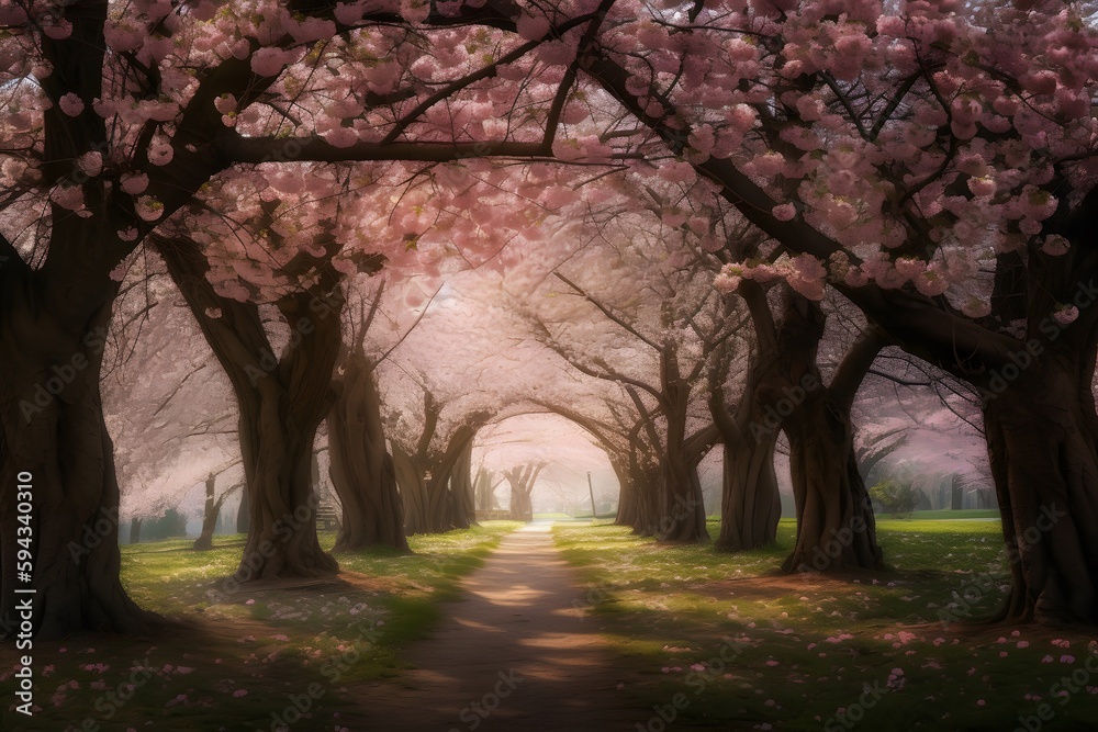 A breathtaking image of a cherry blossom canopy, where delicate, pink-hued blossoms blanket the branches of ornamental cherry trees in full bloom (Generative AI)