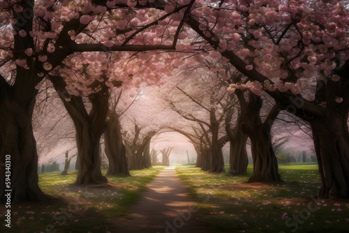 A breathtaking image of a cherry blossom canopy, where delicate, pink-hued blossoms blanket the branches of ornamental cherry trees in full bloom (Generative AI)