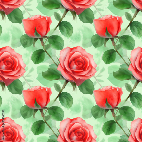 Watercolor botanical seamless pattern with red roses. Delicate floral background for textiles  fabrics  wrapping paper. Generative AI