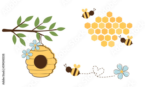 Tree branch, bee house, bee cartoons and cute flower sign icons isolated on white background vector illustration.