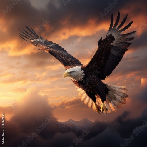 Majestic eagle soaring through the clouds, catching the golden light of the setting sun - Generative AI