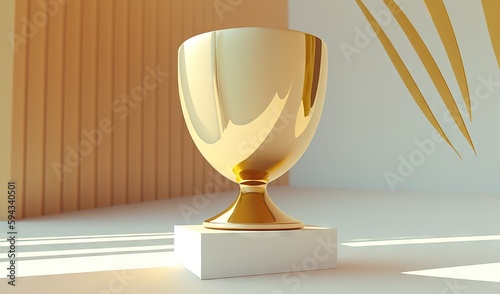  a golden trophy sitting on top of a white pedestal next to a wall with a gold leaf design on the side of it and a white pedestal. generative ai