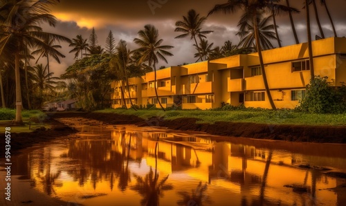  a yellow building with palm trees in the background and a body of water in the foreground with a reflection of the building in the water. generative ai