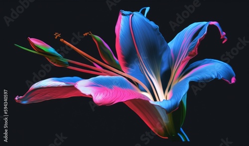  a colorful flower with a black background and a black background with a black background and a blue flower with a pink center and a green center. generative ai