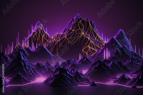 A digital painting of a mountain range with neon lights, generative ai